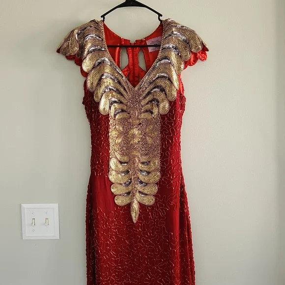 green emerald velvet dress Red with gold Sequin V Back Dress KD498 – Tres Elegant main image 1